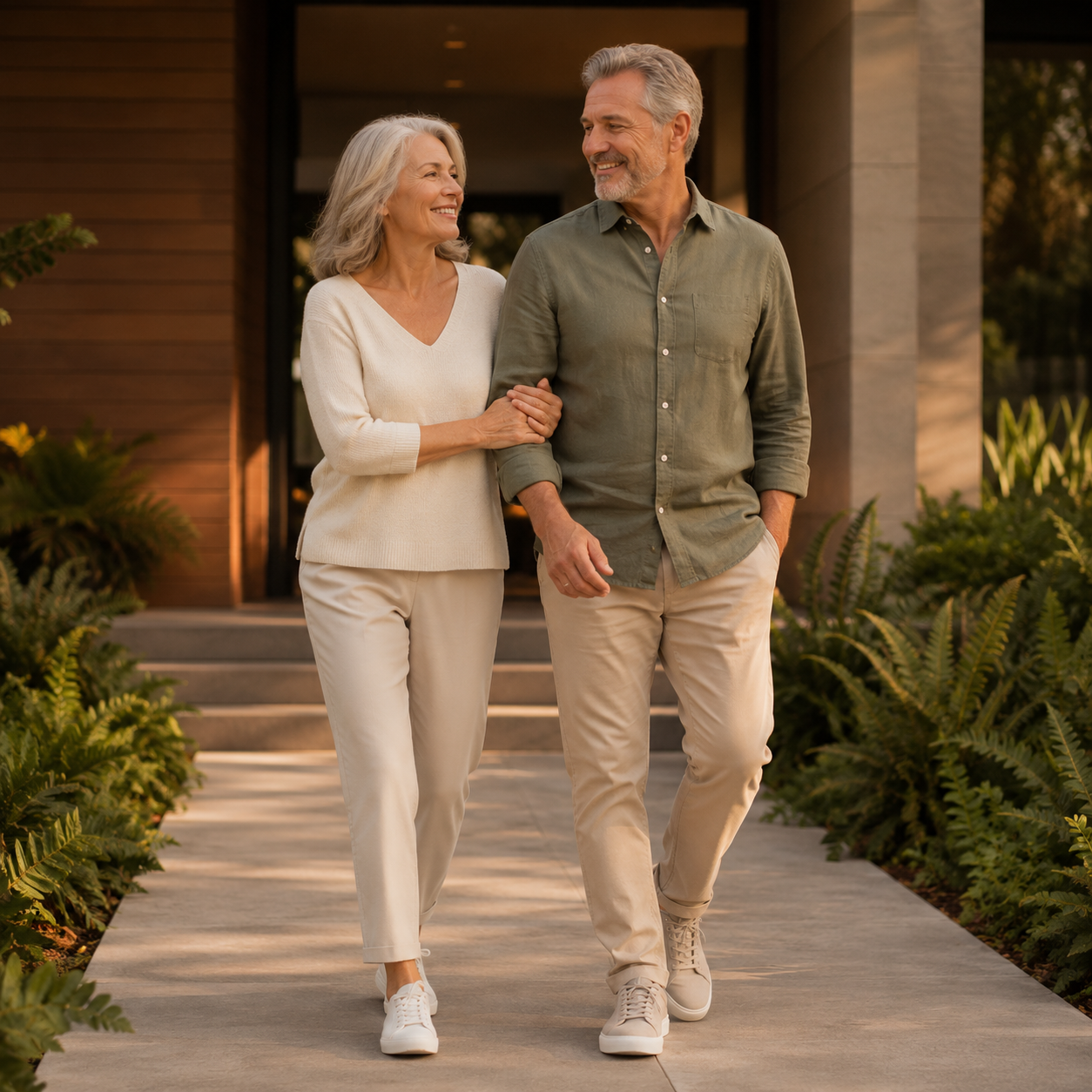 Active couple walking comfortably