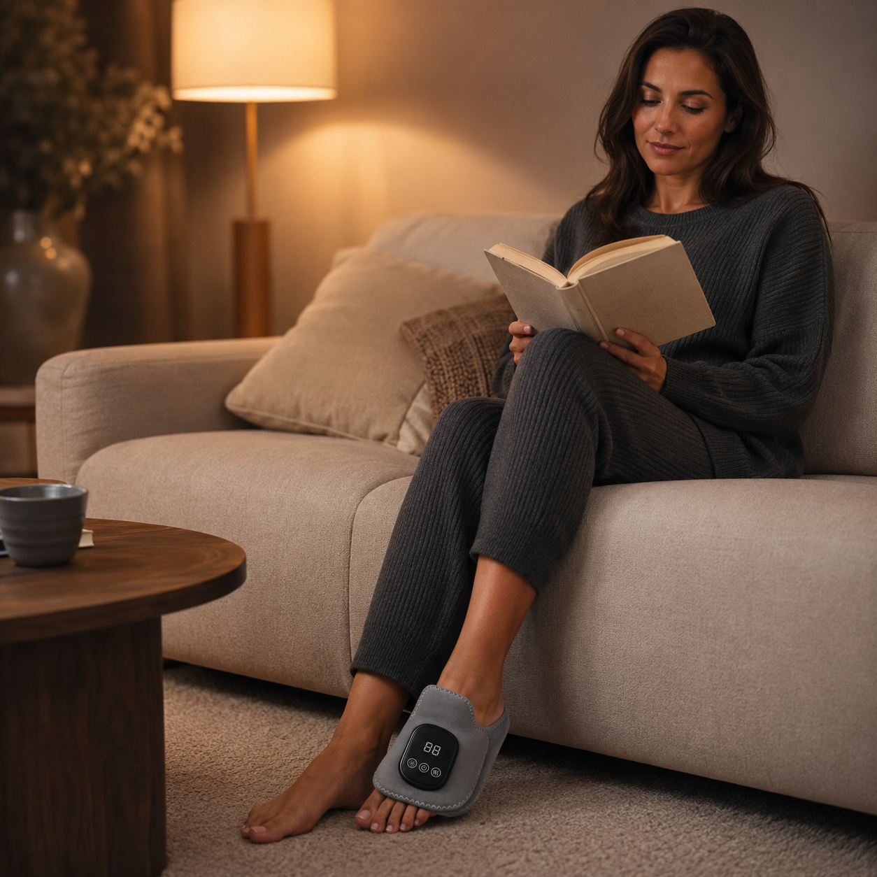 Woman reading with EMSense foot massager